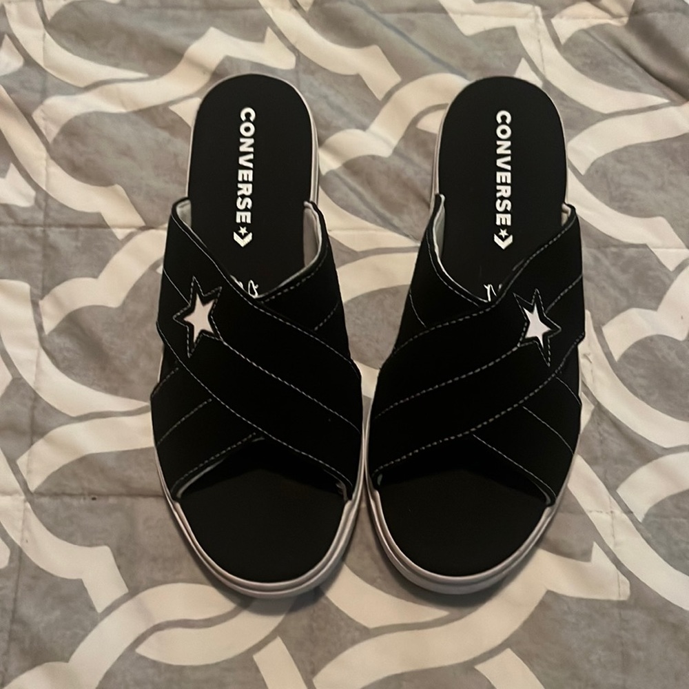 Black and white Converse slide sandals